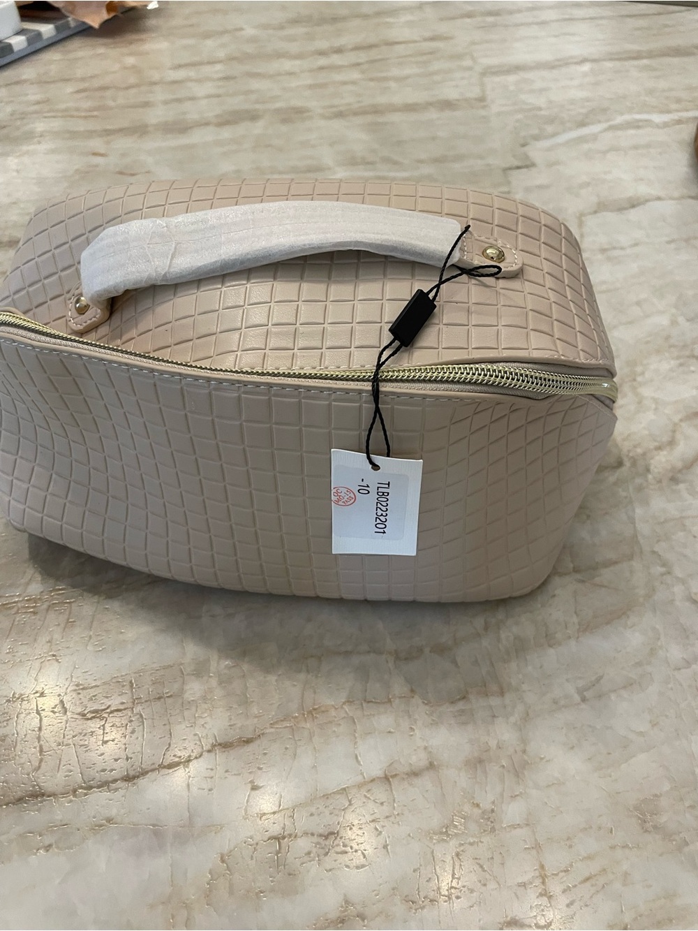Neutral Taupe Textured Cosmetic Bag with Top Handle